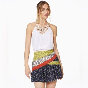 Ramy Brook Kaia Patchwork Mini Skirt Smocked Waist Boho Small